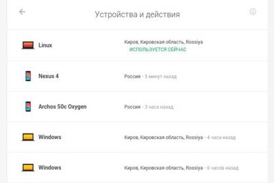 «Устройства и действия» для безопасности аккаунта Google
