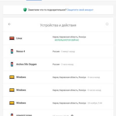 «Устройства и действия» для безопасности аккаунта Google